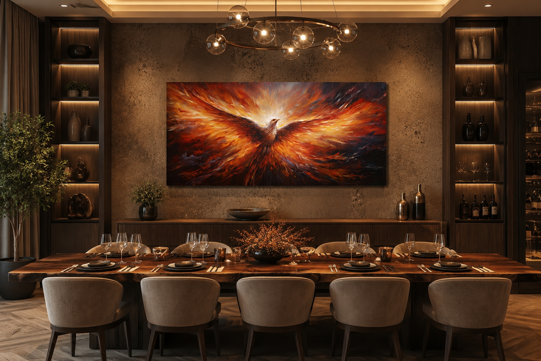 Extra large framed canvas wall art of a fiery orange phoenix rising above a long dining table.