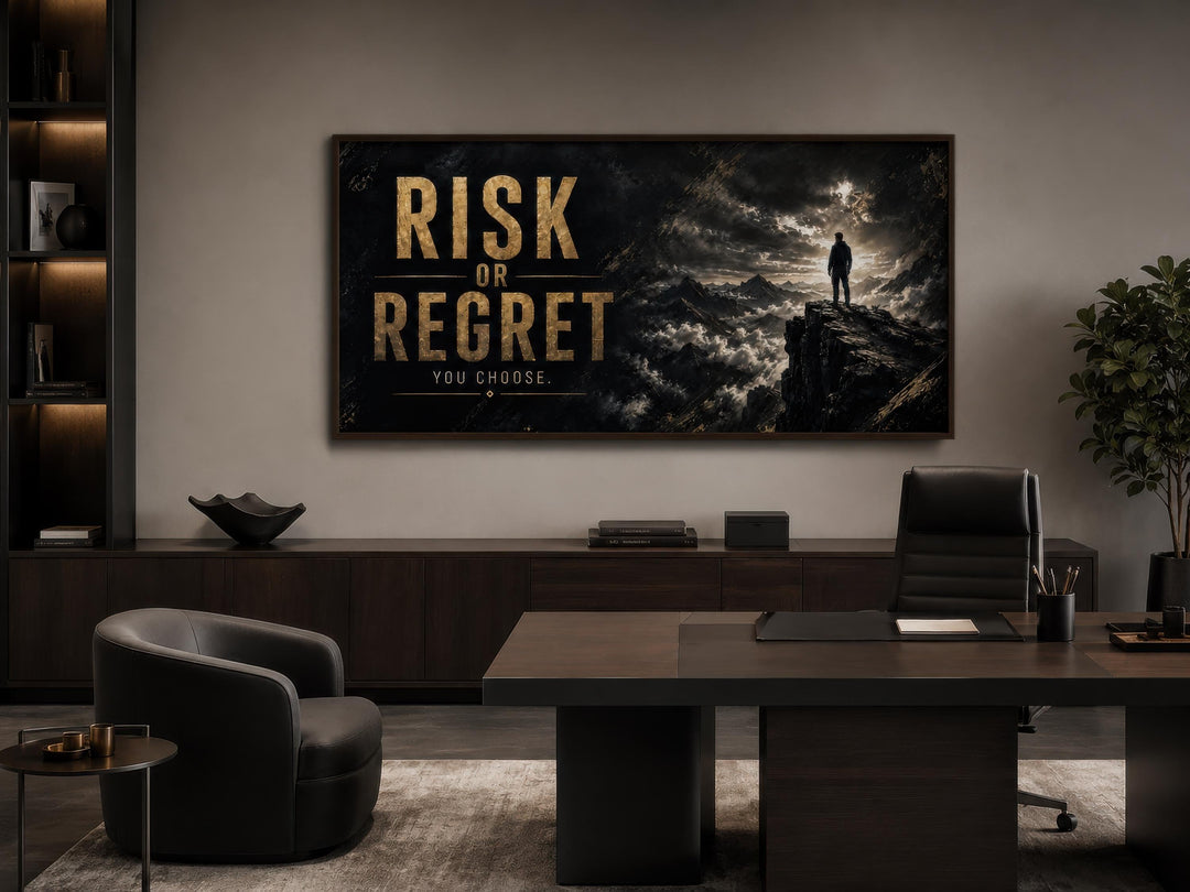 Risk or Regret motivational wall art in gold lettering on a dark mountain landscape in a home office