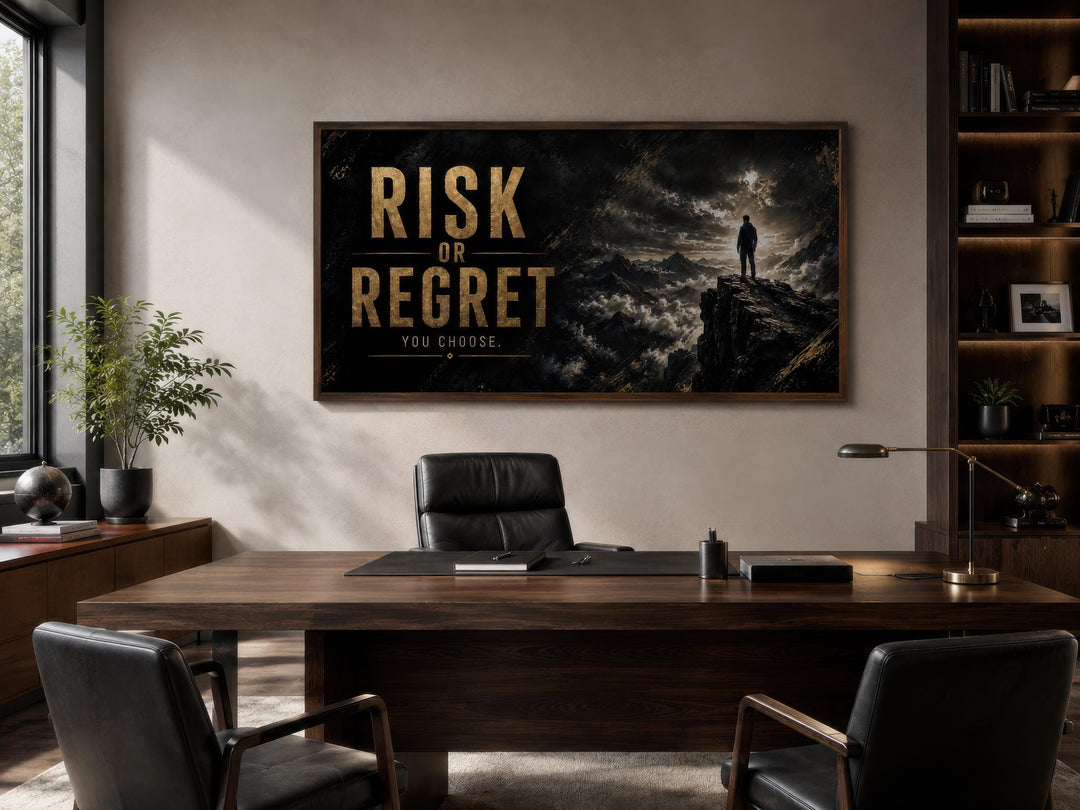 Risk or Regret motivational wall art in gold lettering above a dark wood desk in a modern office.