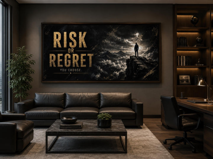 Risk or Regret quote motivational wall art in a black and gold office with a leather sofa.