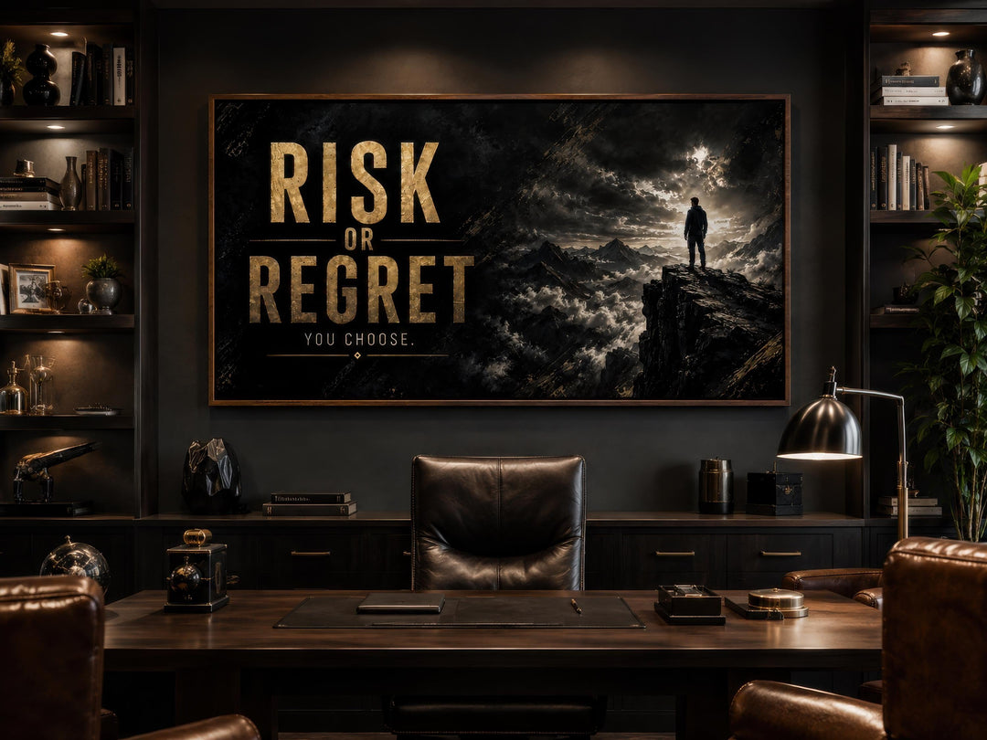Risk or Regret motivational wall art with gold text and a man on a cliff in a dark office setting.