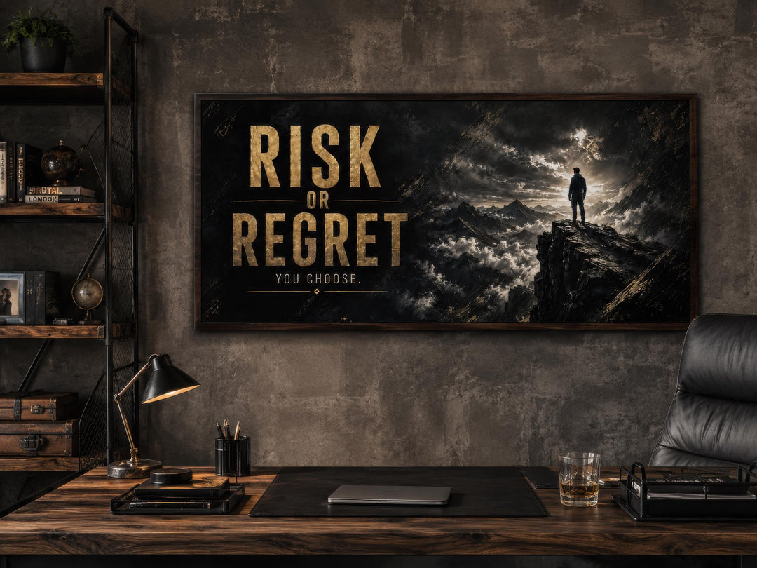 Risk or Regret motivational wall art in gold lettering above a dark office desk with a laptop.