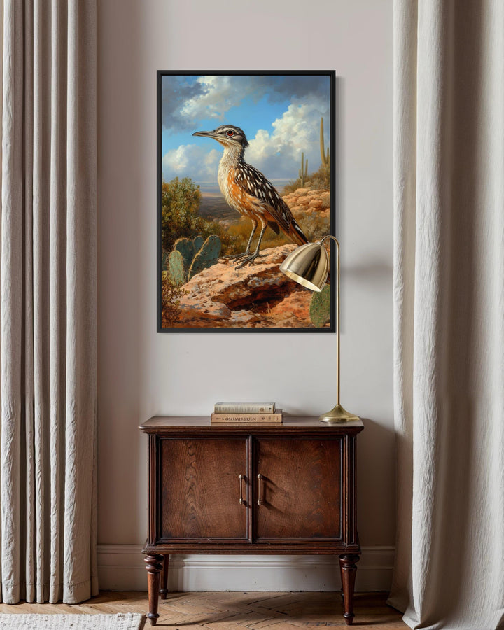 A framed canvas print of a roadrunner perched on a desert rock, displayed above a wooden cabinet.