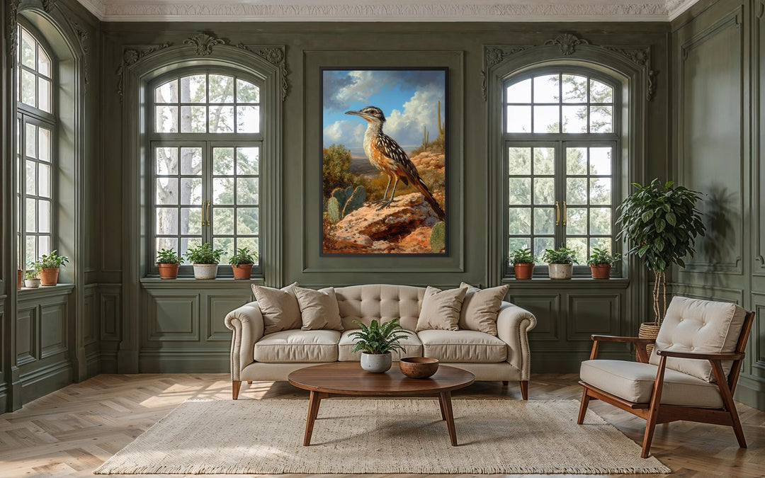A vertical canvas print of a roadrunner in a desert landscape hangs in a green traditional room.