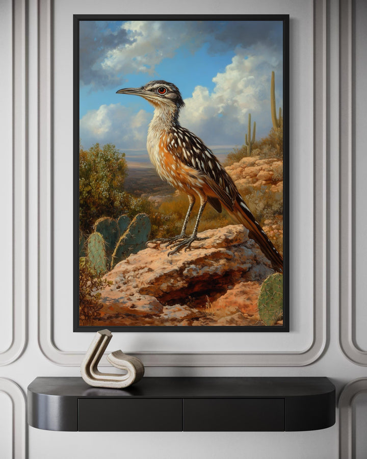 A framed canvas print of a roadrunner perched on a rock in a desert landscape with cacti.