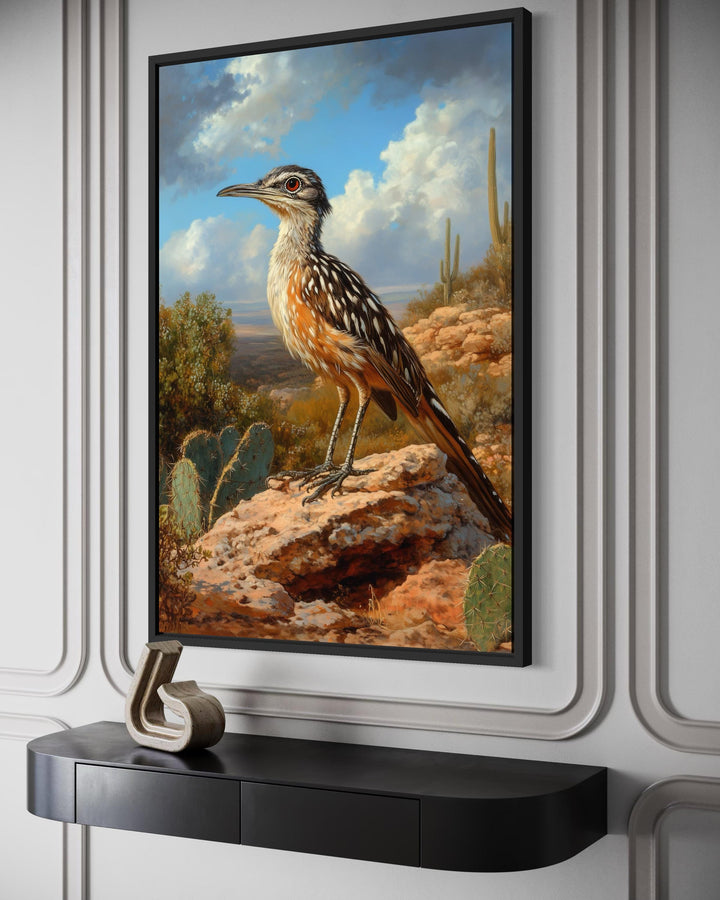 A framed canvas print of a roadrunner perched on a desert rock, displayed above a black console table.