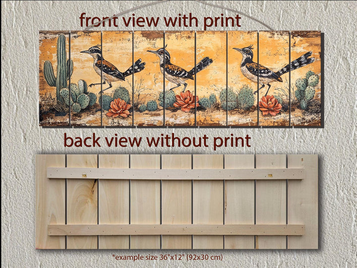 Horizontal wood wall art featuring three roadrunners in a desert scene with cacti and flowers.