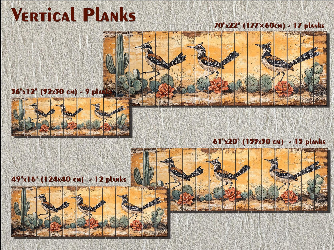 Roadrunners wood wall art featuring a desert scene with cacti in four different sizes.