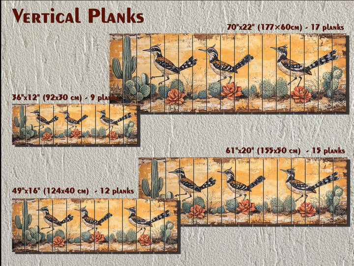 Roadrunners wood wall art featuring a desert scene with cacti in four different sizes.