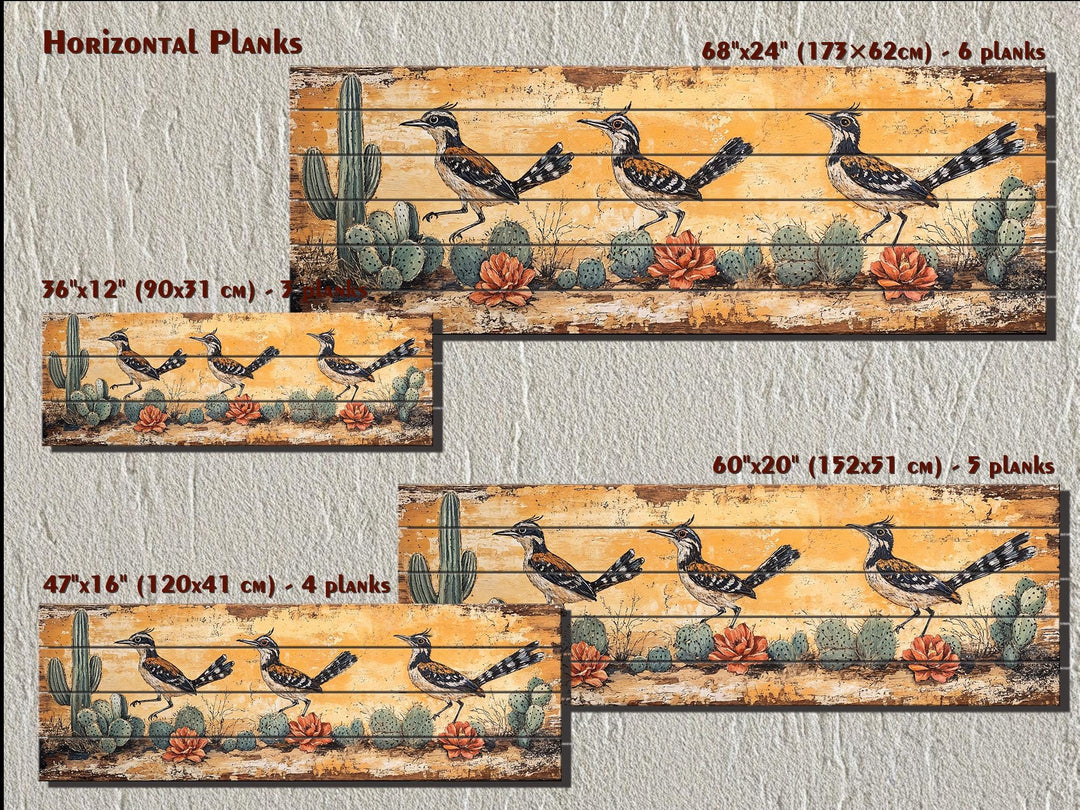 Horizontal wood wall art featuring three roadrunners in a desert scene with cacti.