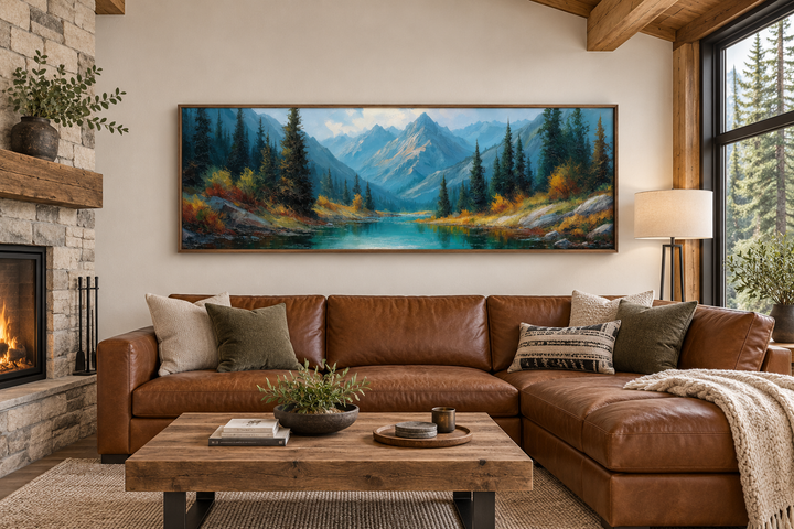 Panoramic Rocky Mountain National Park wall art above a brown leather sofa in a rustic living room.