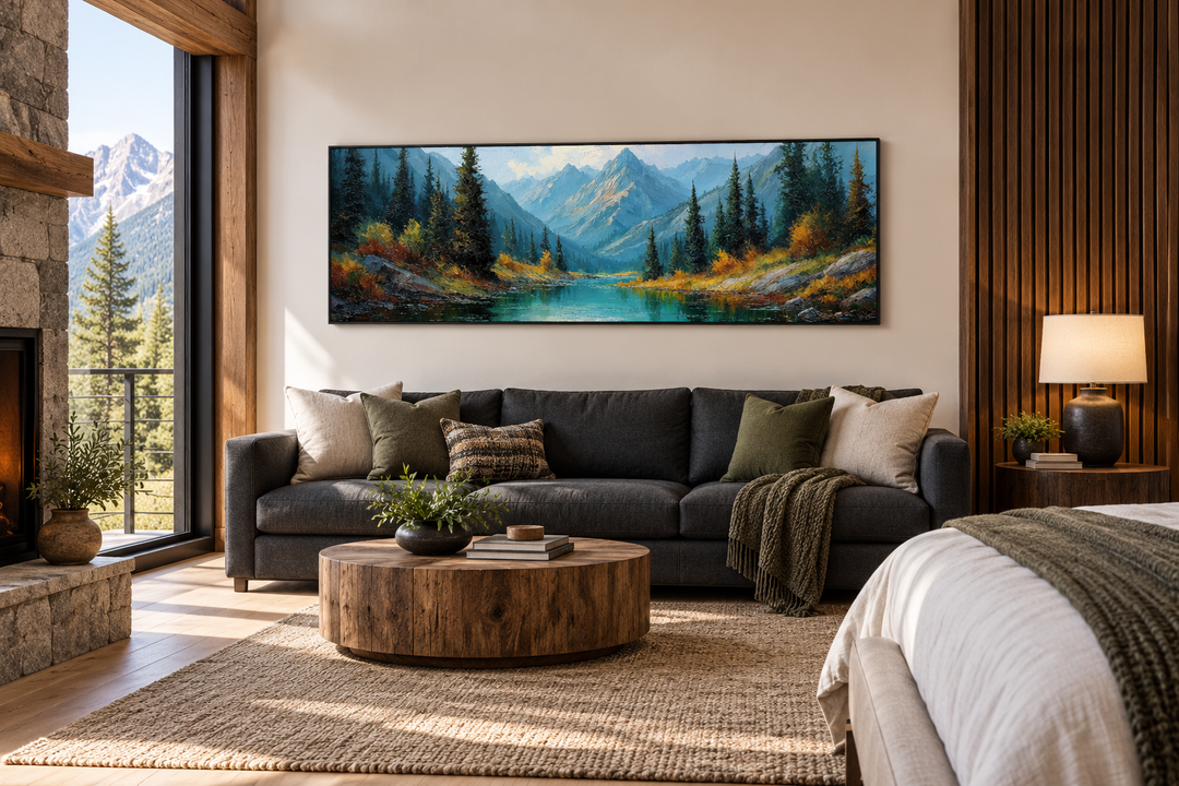 Panoramic Rocky Mountain National Park wall art above a dark sofa in a rustic living room.