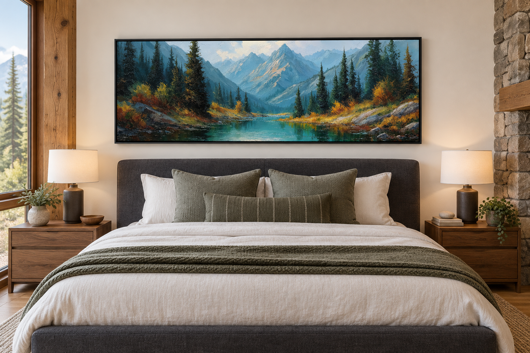 Long horizontal canvas art of Rocky Mountain National Park landscape above a bed in a rustic room.