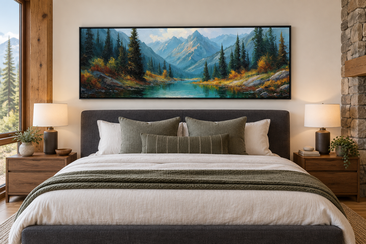 Long horizontal canvas art of Rocky Mountain National Park landscape above a bed in a rustic room.