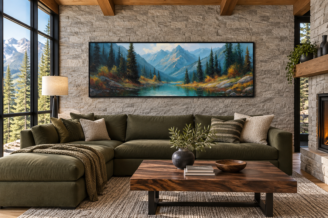 Long horizontal canvas art of Rocky Mountain National Park landscape above a green sectional sofa.