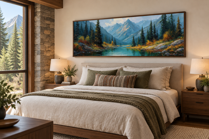 Long horizontal canvas of Rocky Mountain National Park landscape above a bed in a rustic bedroom.
