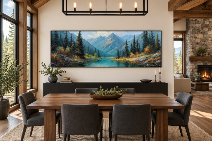 Long horizontal canvas art of Rocky Mountain National Park landscape above a dining table.