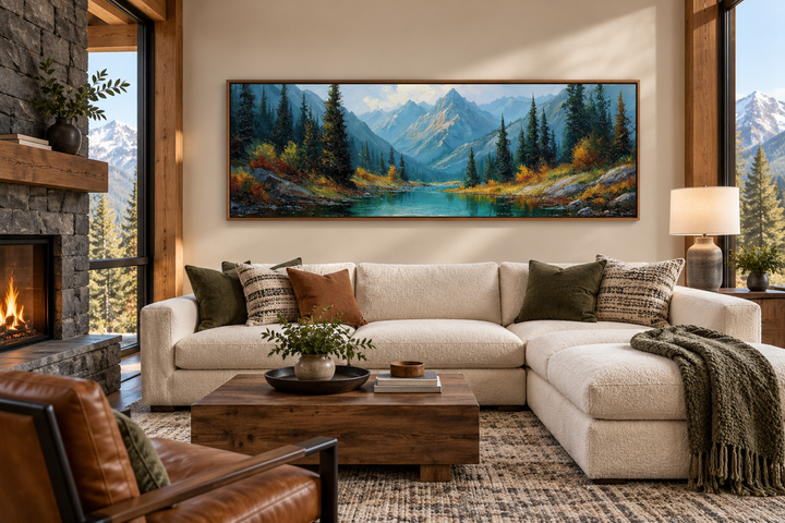 Panoramic Rocky Mountain National Park canvas wall art above a sofa in a rustic living room.
