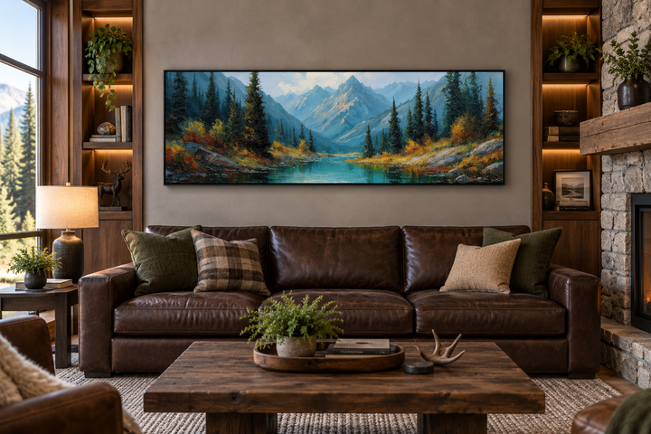 Long horizontal canvas art of Rocky Mountain National Park landscape above a brown leather sofa.