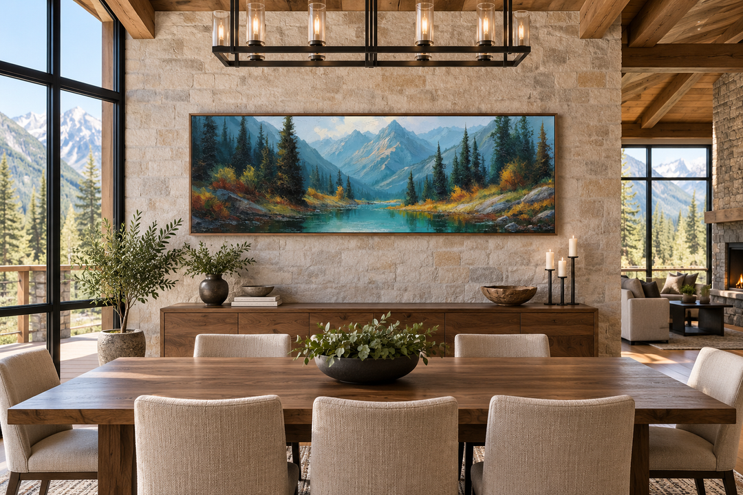Panoramic Rocky Mountain National Park canvas wall art above a dining table in a rustic room.