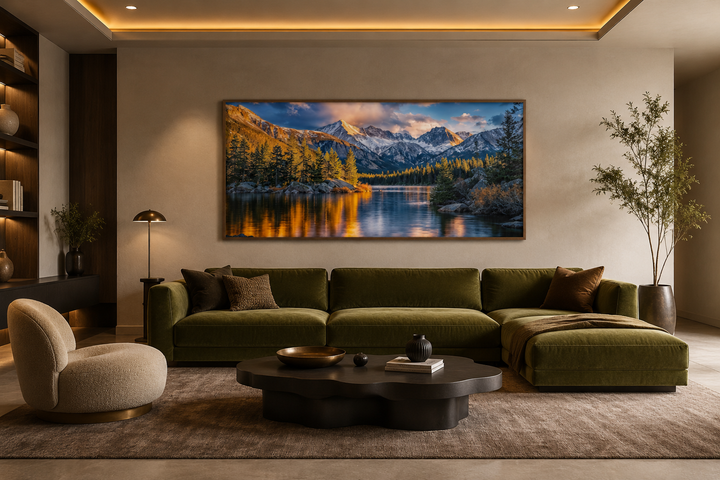 Rocky Mountain National Park framed canvas wall art showing a lake and peaks above a green sofa.