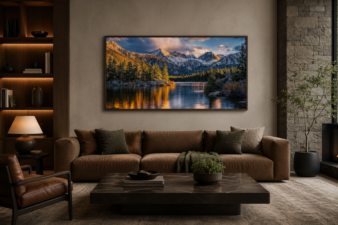 Rocky Mountain National Park framed canvas wall art showing a lake and peaks in a modern living room.