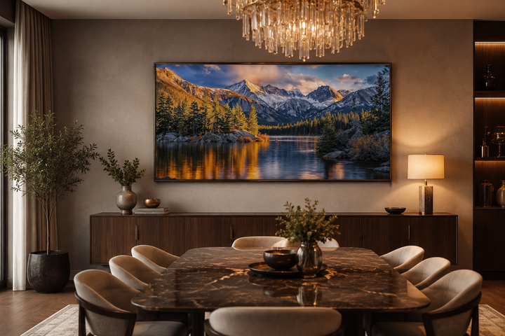 Rocky Mountain National Park framed canvas wall art showing a lake and peaks in a dining room.