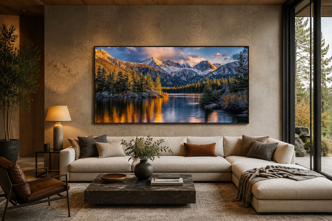 Framed canvas wall art of Rocky Mountain National Park landscape above a modern living room sofa.