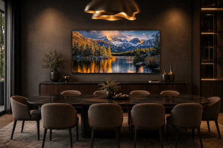 Rocky Mountain National Park Colorado framed canvas wall art above a dining table in a modern room.