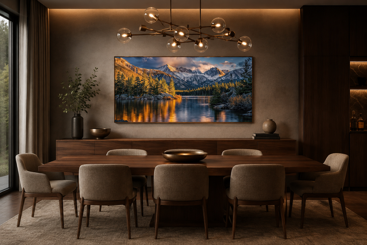 Framed canvas wall art of Rocky Mountain National Park landscape above a dining table.