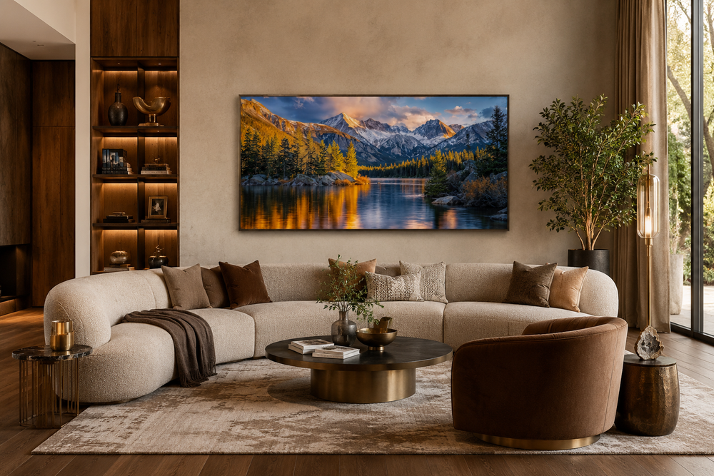Rocky Mountain National Park Colorado framed canvas wall art above a modern curved sofa.