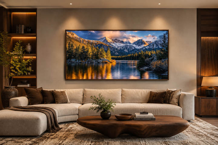 Rocky Mountain National Park framed canvas wall art above a sofa in a modern living room.
