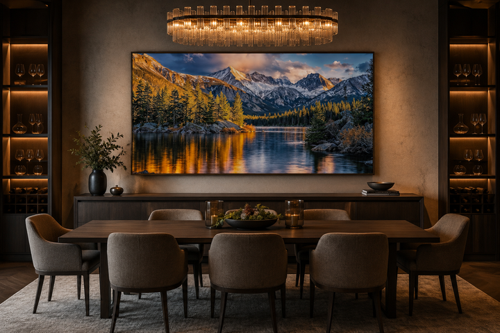 Rocky Mountain National Park framed canvas wall art above a dining table in a modern room.