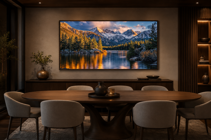 Framed canvas wall art of Rocky Mountain National Park landscape hanging in a modern dining room.
