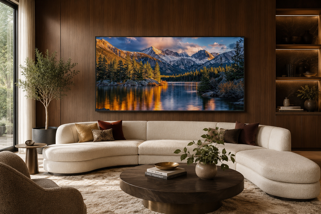 Rocky Mountain National Park Colorado framed canvas wall art above a modern curved sofa.