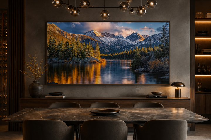 Rocky Mountain National Park Colorado framed canvas wall art above a dining table.