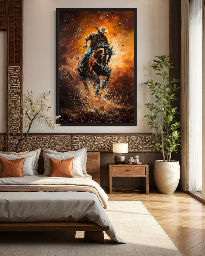 Wall Art For Men - Rodeo Cowboy Riding Bucking Bronco Western Canvas Wall Art