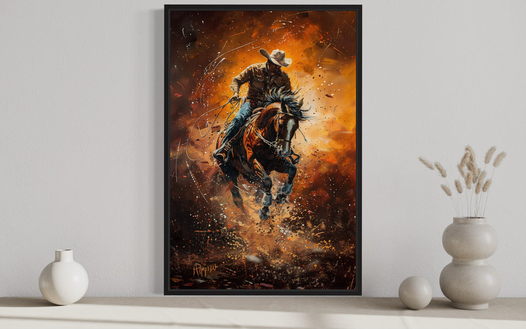 Rodeo Cowboy Riding Bucking Bronco Western Canvas Wall Art close up