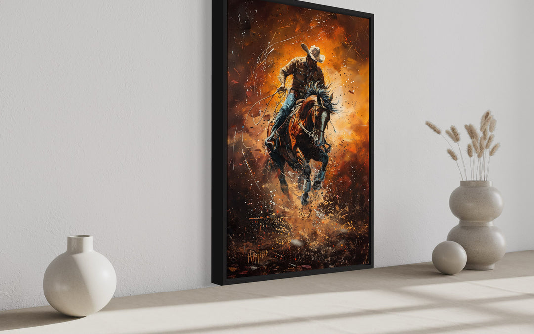 Rodeo Cowboy Riding Bucking Bronco Western Canvas Wall Art side view