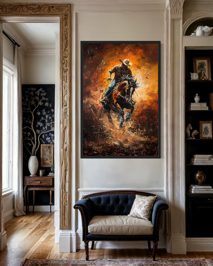 Rodeo Cowboy Riding Bucking Bronco Western Canvas Wall Art