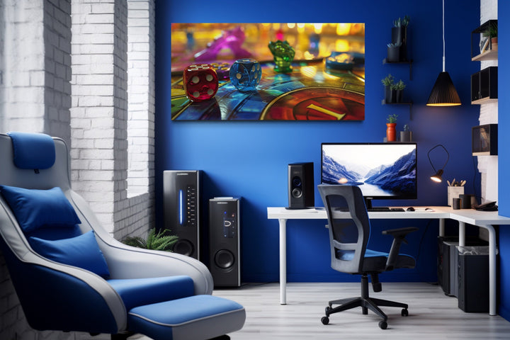 Rolling Dice And Board Game Framed Canvas Wall Art For Game Room