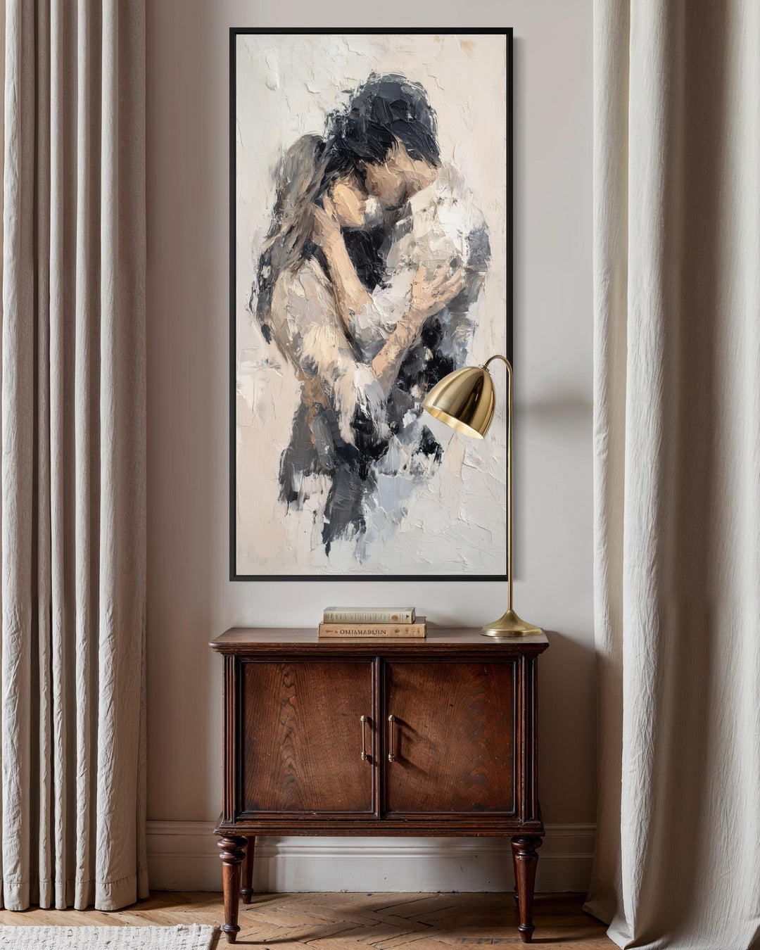 Vertical canvas wall art featuring an abstract painting of a romantic couple in neutral tones.