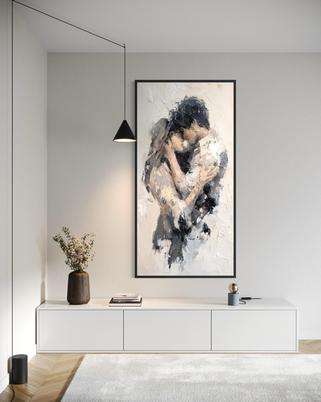 Vertical canvas wall art featuring an abstract painting of a couple embracing in neutral tones.