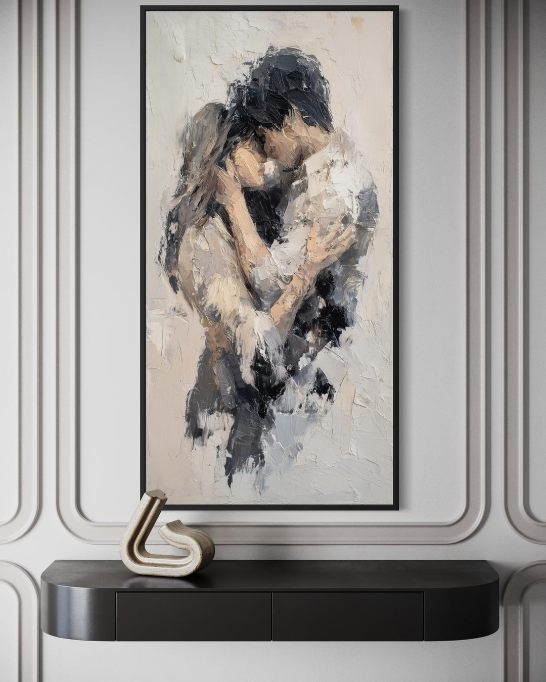 Vertical canvas wall art featuring an abstract neutral painting of a romantic couple embracing.