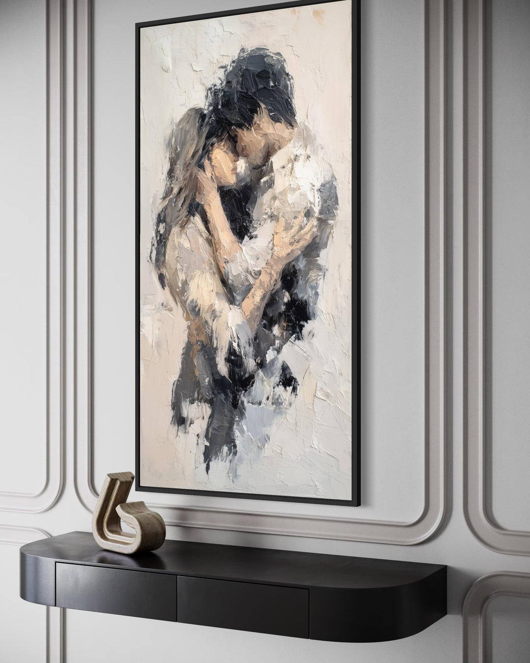 Vertical canvas wall art featuring an abstract painting of a couple embracing in neutral tones.