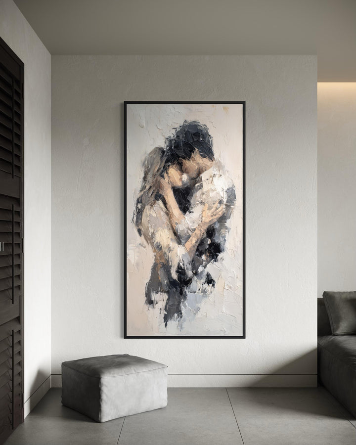 A tall vertical canvas wall art featuring an abstract neutral painting of a romantic couple.
