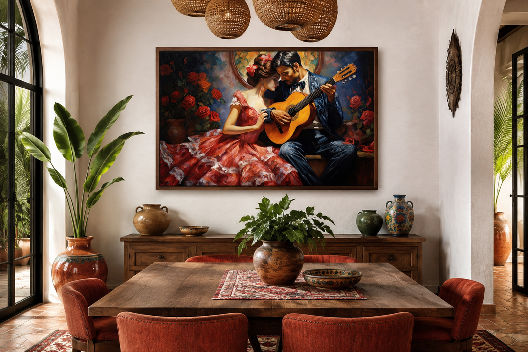 Romantic Couple With Guitar Traditional Mexican Framed Canvas Wall Art in a rustic dining room.