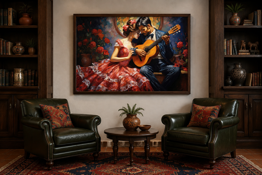 Framed canvas wall art of a romantic couple with a guitar in a traditional Mexican style.