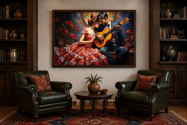 Framed canvas wall art of a romantic couple with a guitar in a traditional Mexican style.