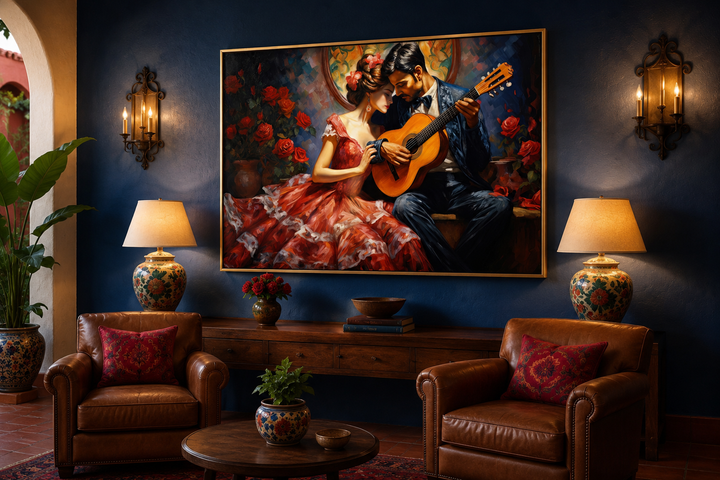 Framed canvas wall art of a romantic couple with a guitar in a traditional Mexican style.